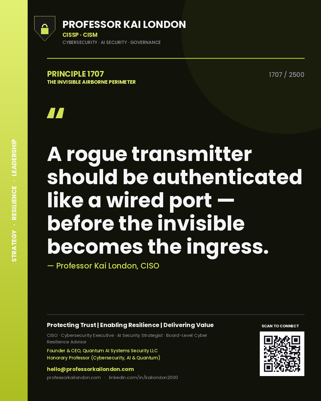 Quote card by Professor Kai London reading 'A rogue transmitter should be authenticated like a wired port — before the invisible becomes the ingress.'. From the book The Invisible Airborne Perimeter.
