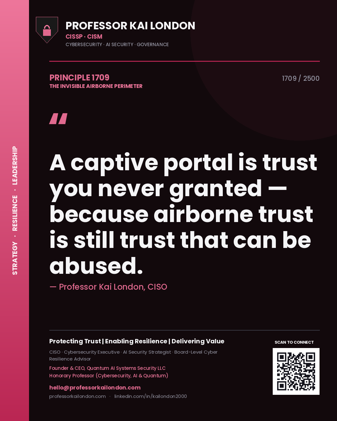 Quote card by Professor Kai London reading 'A captive portal is trust you never granted — because airborne trust is still trust that can be abused.'. From the book The Invisible Airborne Perimeter.