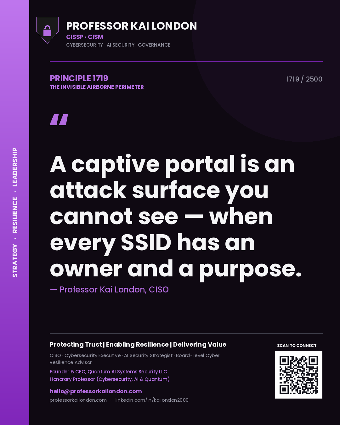 Quote card by Professor Kai London reading 'A captive portal is an attack surface you cannot see — when every SSID has an owner and a purpose.'. From the book The Invisible Airborne Perimeter.