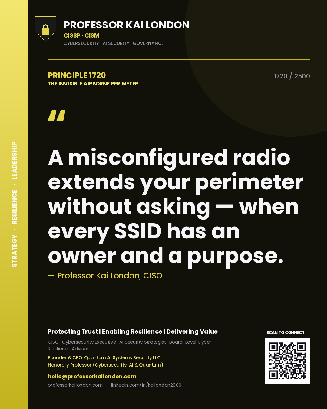 Quote card by Professor Kai London reading 'A misconfigured radio extends your perimeter without asking — when every SSID has an owner and a purpose.'. From the book The Invisible Airborne Perimeter.
