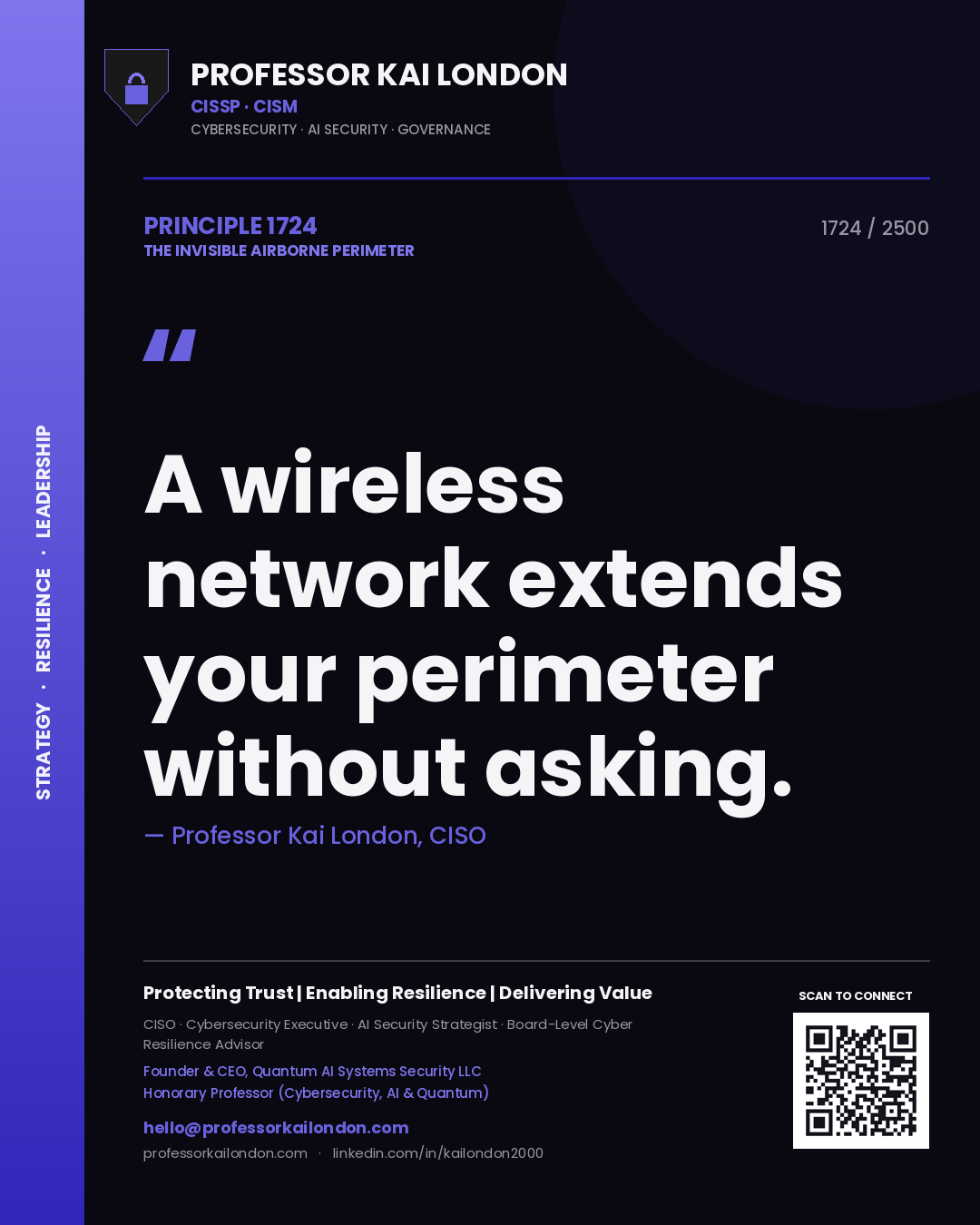 Quote card by Professor Kai London reading 'A wireless network extends your perimeter without asking.'. From the book The Invisible Airborne Perimeter.