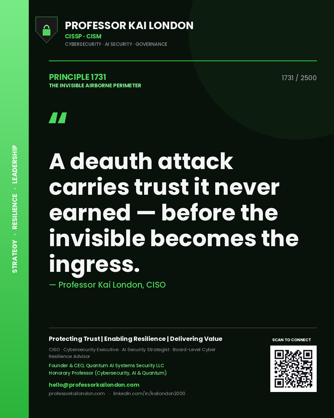 Quote card by Professor Kai London reading 'A deauth attack carries trust it never earned — before the invisible becomes the ingress.'. From the book The Invisible Airborne Perimeter.