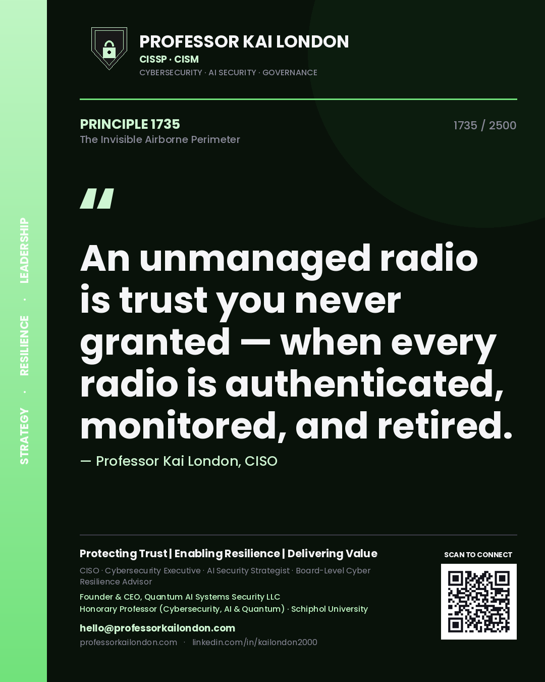 Quote card by Professor Kai London reading 'An unmanaged radio is trust you never granted — when every radio is authenticated, monitored, and retired.'. From the book The Invisible Airborne Perimeter.