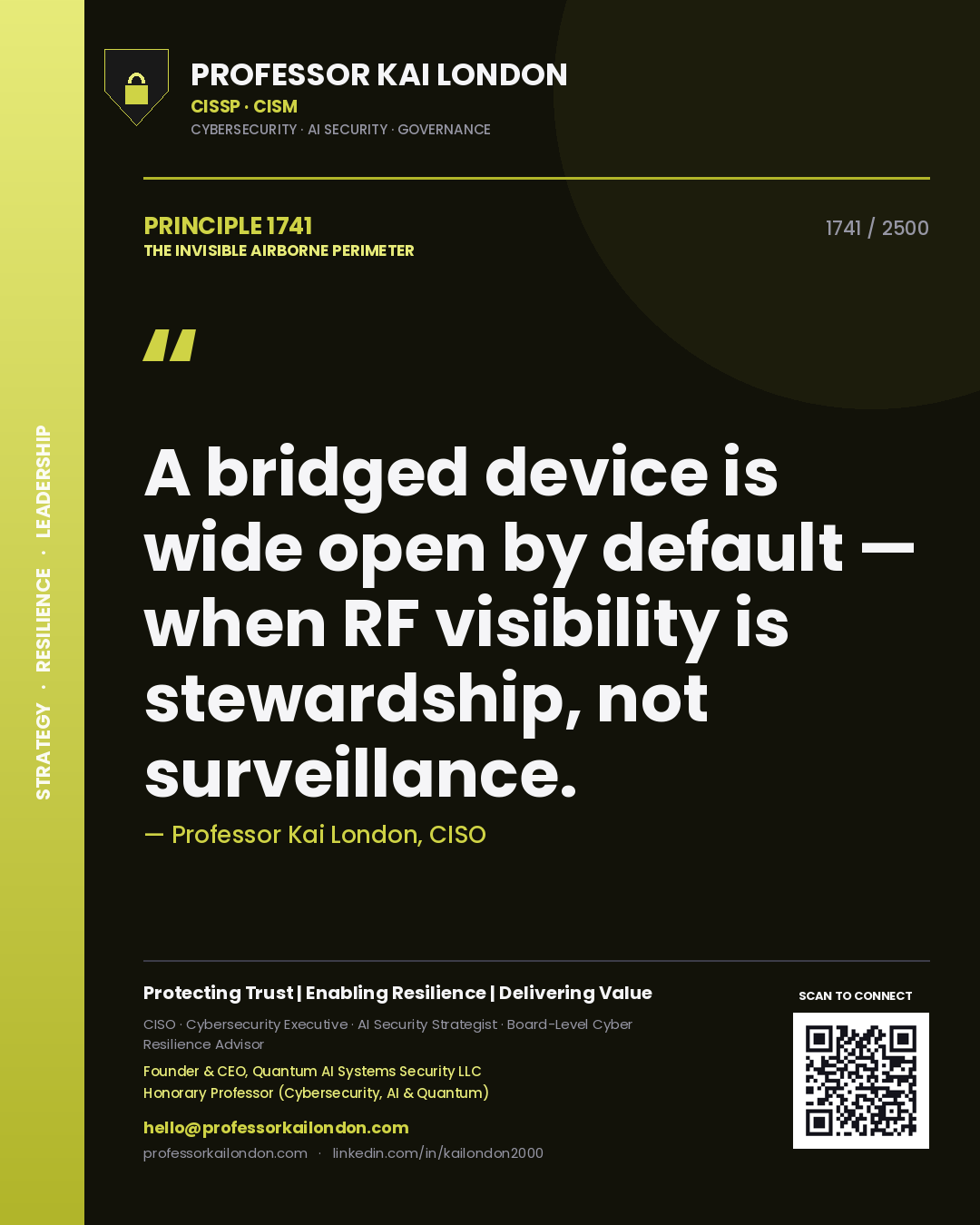 Quote card by Professor Kai London reading 'A bridged device is wide open by default — when RF visibility is stewardship, not surveillance.'. From the book The Invisible Airborne Perimeter.