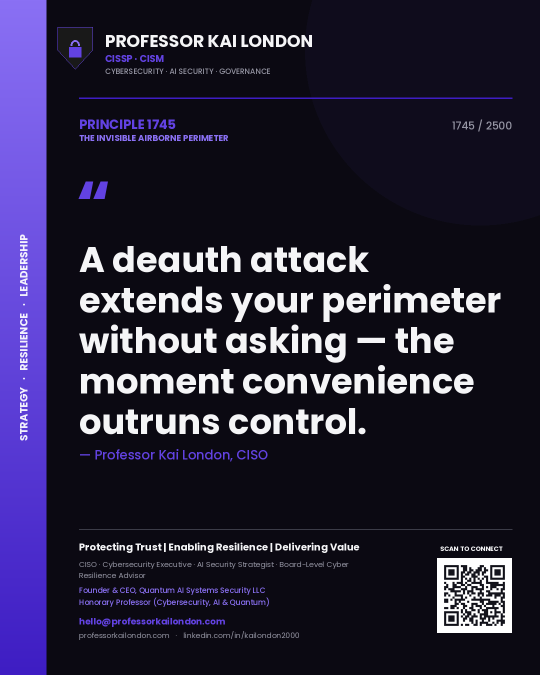 Quote card by Professor Kai London reading 'A deauth attack extends your perimeter without asking — the moment convenience outruns control.'. From the book The Invisible Airborne Perimeter.