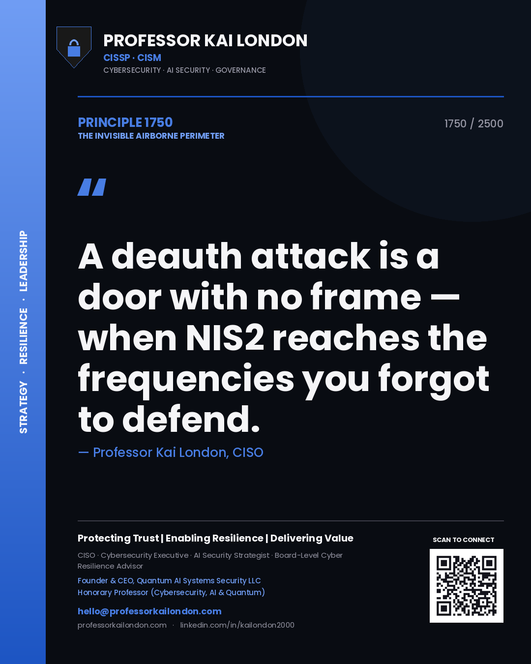 Quote card by Professor Kai London reading 'A deauth attack is a door with no frame — when NIS2 reaches the frequencies you forgot to defend.'. From the book The Invisible Airborne Perimeter.