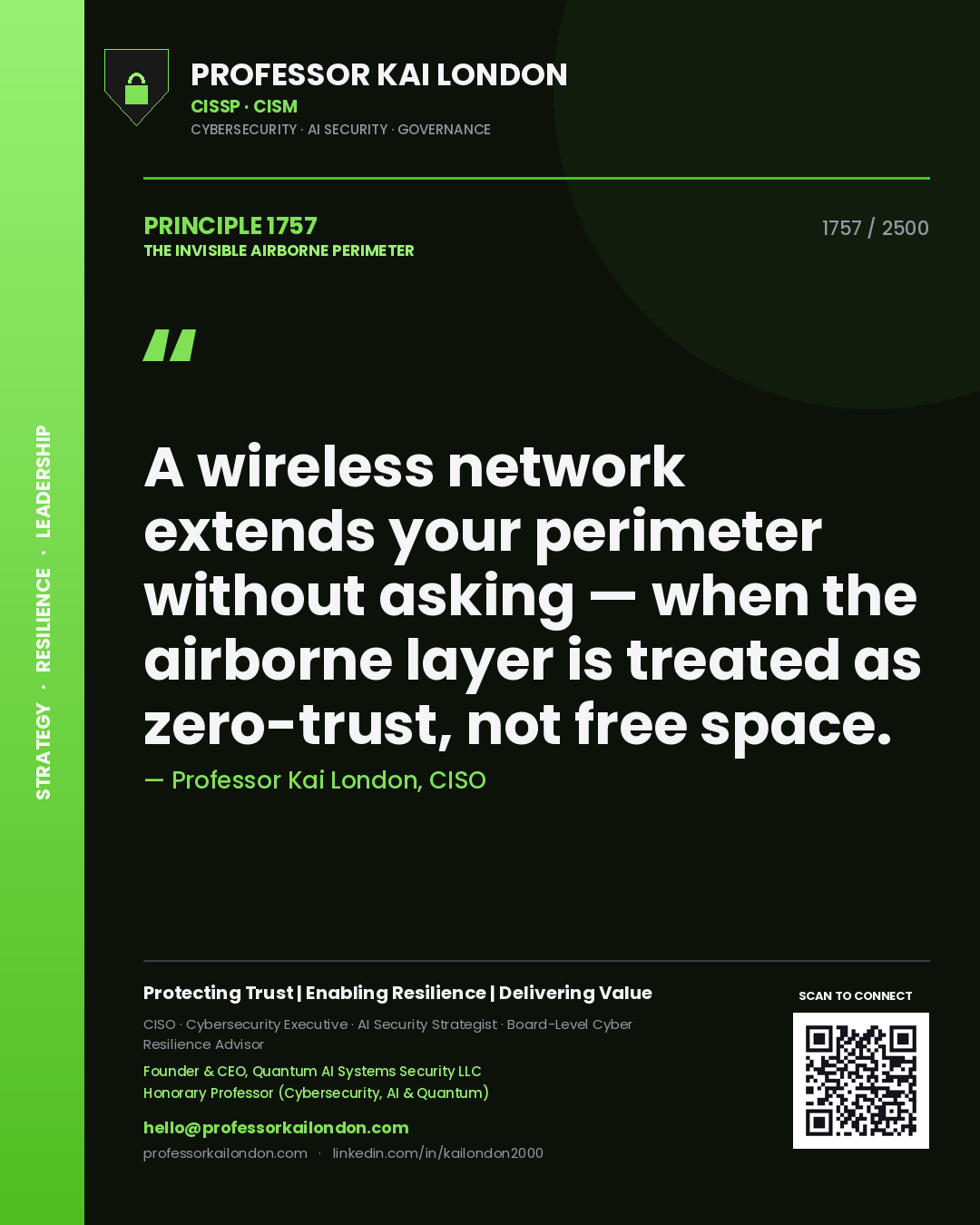 Quote card by Professor Kai London reading 'A wireless network extends your perimeter without asking — when the airborne layer is treated as zero-trust, not free space.'. From the book The Invisible Airborne Perimeter.