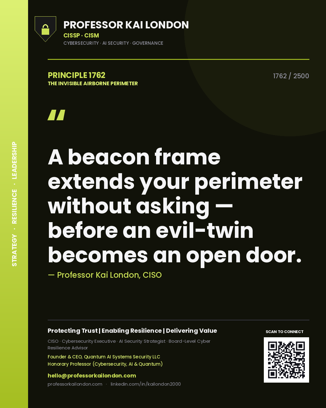 Quote card by Professor Kai London reading 'A beacon frame extends your perimeter without asking — before an evil-twin becomes an open door.'. From the book The Invisible Airborne Perimeter.