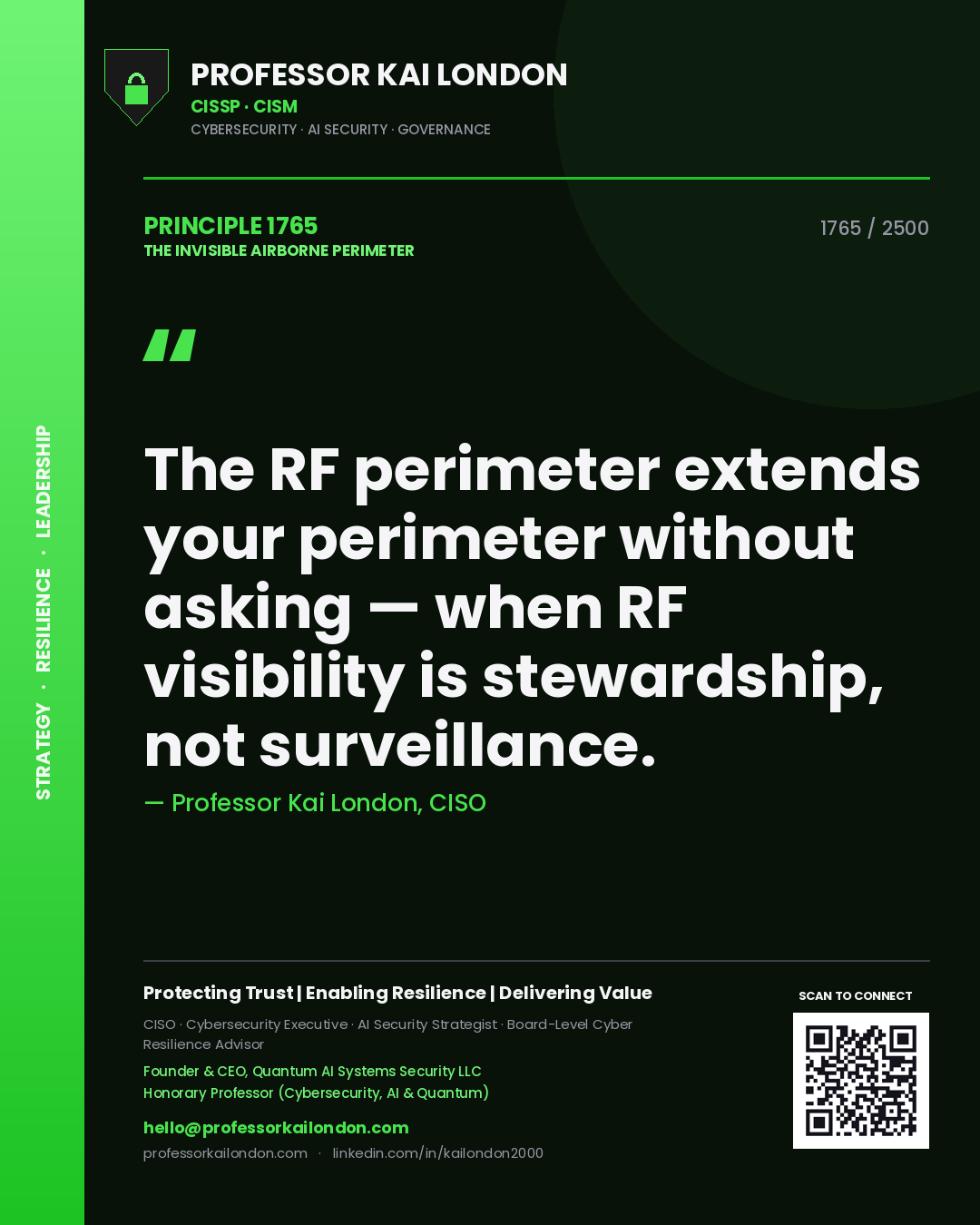 Quote card by Professor Kai London reading 'The RF perimeter extends your perimeter without asking — when RF visibility is stewardship, not surveillance.'. From the book The Invisible Airborne Perimeter.