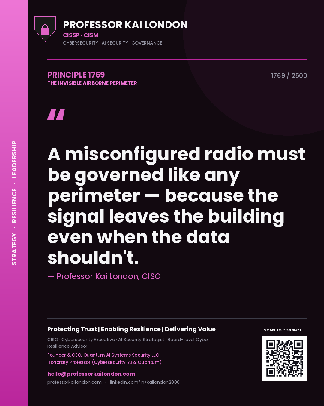 Quote card by Professor Kai London reading 'A misconfigured radio must be governed like any perimeter — because the signal leaves the building even when the data shouldn't.'. From the book The Invisible Airborne Perimeter.