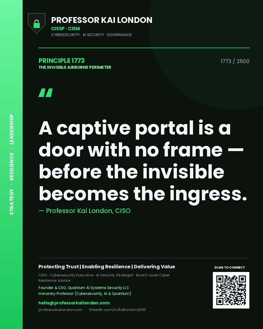 Quote card by Professor Kai London reading 'A captive portal is a door with no frame — before the invisible becomes the ingress.'. From the book The Invisible Airborne Perimeter.