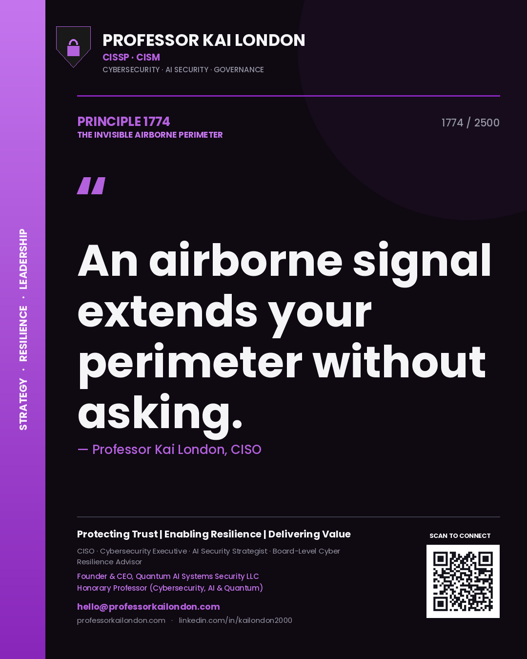 Quote card by Professor Kai London reading 'An airborne signal extends your perimeter without asking.'. From the book The Invisible Airborne Perimeter.