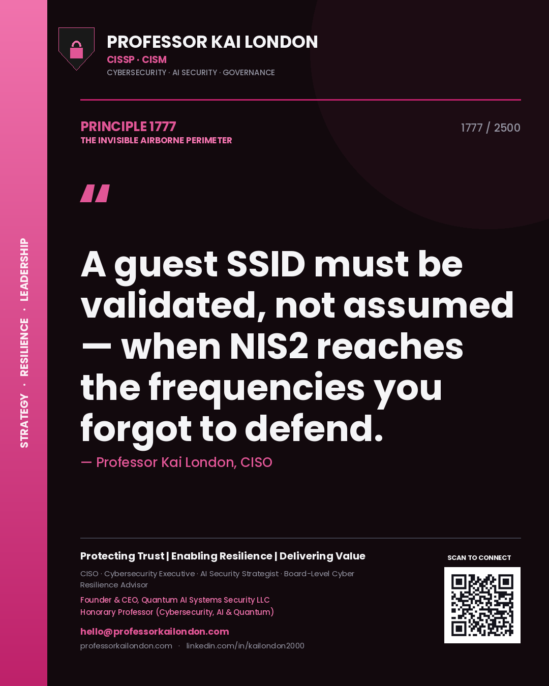 Quote card by Professor Kai London reading 'A guest SSID must be validated, not assumed — when NIS2 reaches the frequencies you forgot to defend.'. From the book The Invisible Airborne Perimeter.