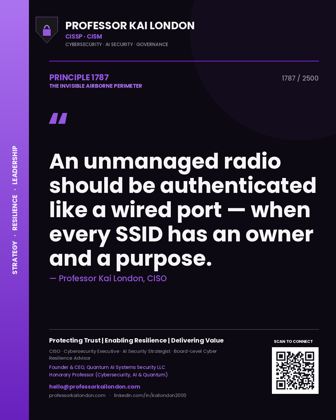 Quote card by Professor Kai London reading 'An unmanaged radio should be authenticated like a wired port — when every SSID has an owner and a purpose.'. From the book The Invisible Airborne Perimeter.