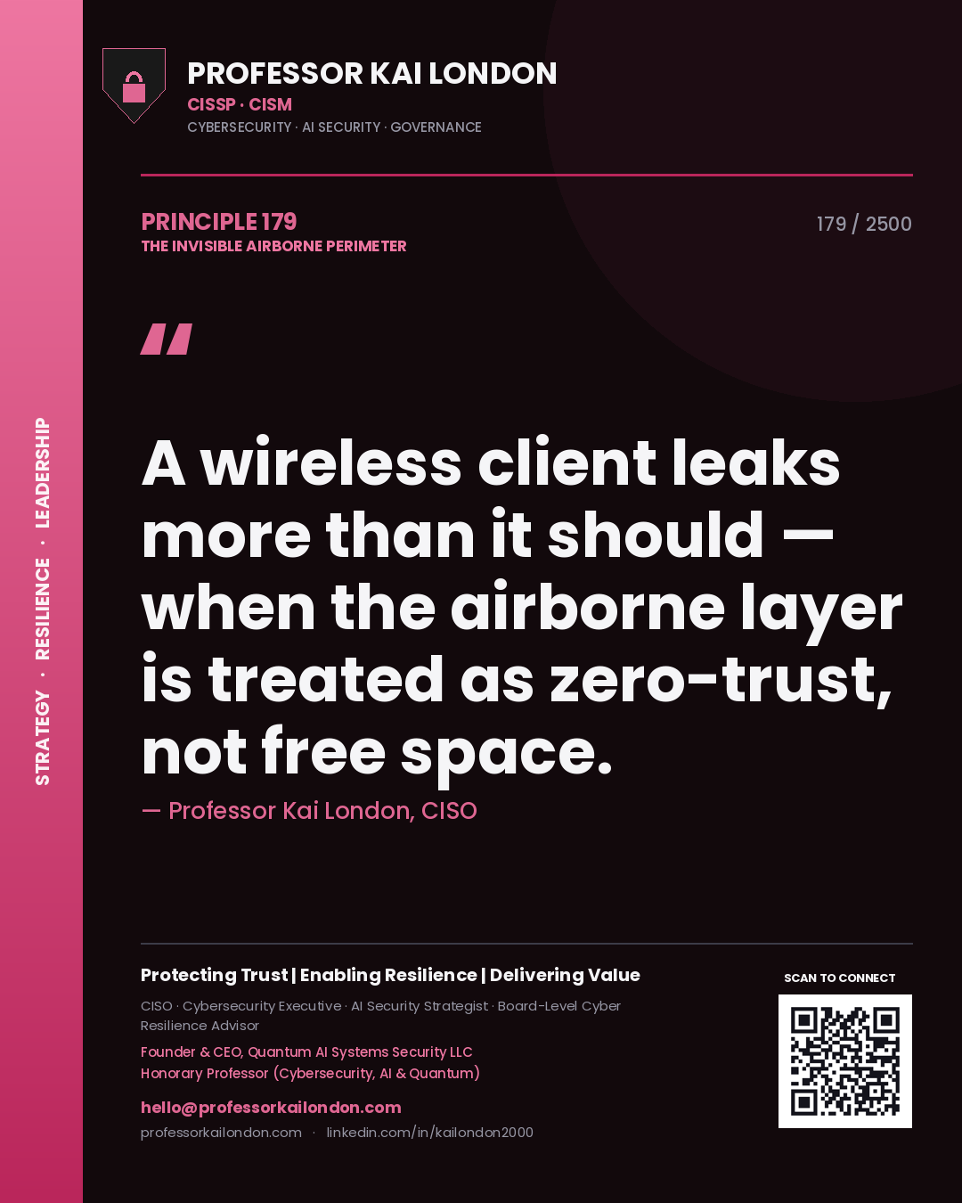 Professor Kai London principle 179: A wireless client leaks more than it should — when the airborne layer is treated as zero-trust, not free space.