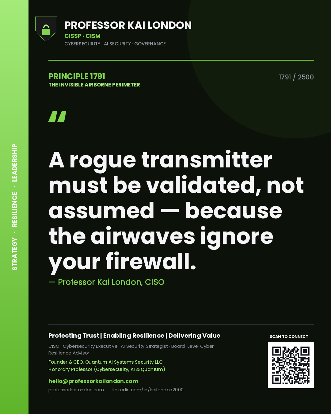 Quote card by Professor Kai London reading 'A rogue transmitter must be validated, not assumed — because the airwaves ignore your firewall.'. From the book The Invisible Airborne Perimeter.