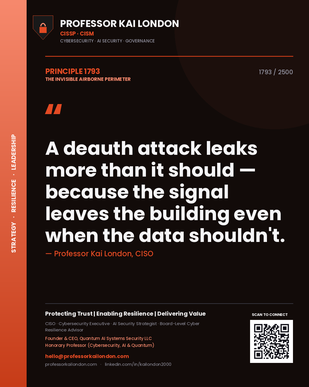 Quote card by Professor Kai London reading 'A deauth attack leaks more than it should — because the signal leaves the building even when the data shouldn't.'. From the book The Invisible Airborne Perimeter.
