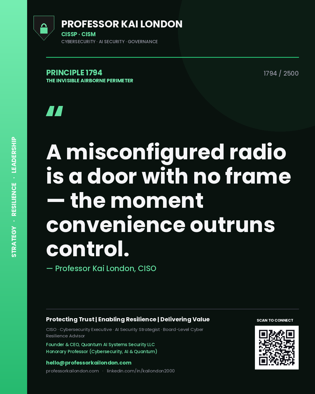 Quote card by Professor Kai London reading 'A misconfigured radio is a door with no frame — the moment convenience outruns control.'. From the book The Invisible Airborne Perimeter.