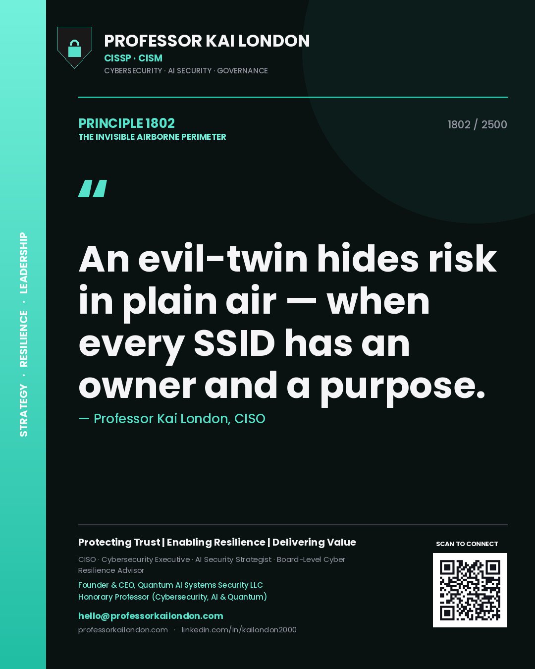 Professor Kai London principle 1802: An evil-twin hides risk in plain air — when every SSID has an owner and a purpose.