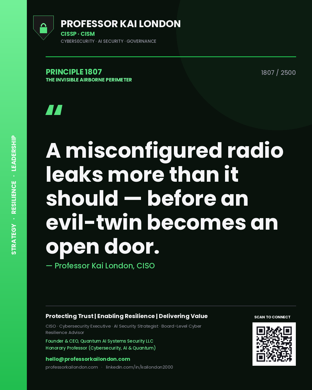 Quote card by Professor Kai London reading 'A misconfigured radio leaks more than it should — before an evil-twin becomes an open door.'. From the book The Invisible Airborne Perimeter.