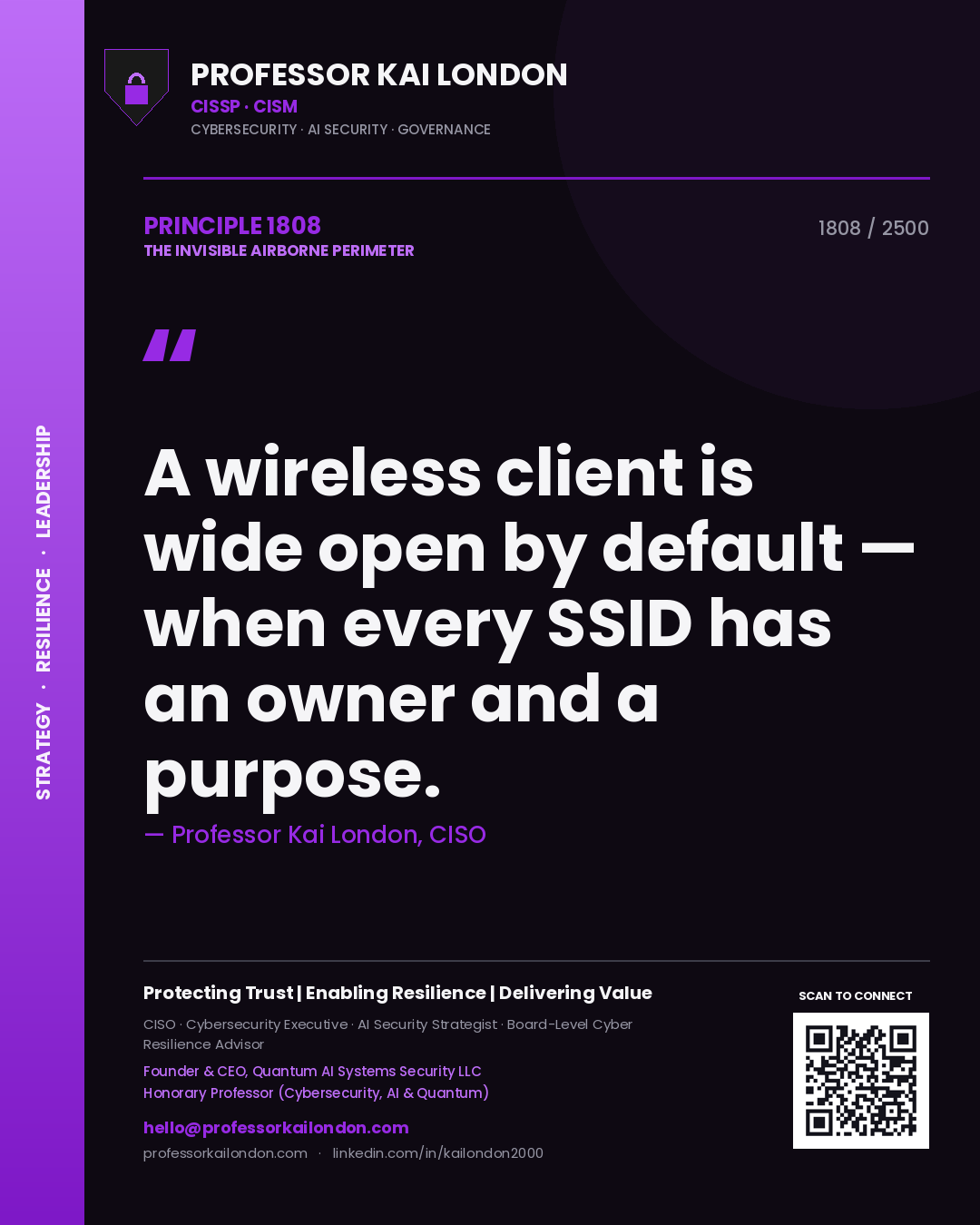 Quote card by Professor Kai London reading 'A wireless client is wide open by default — when every SSID has an owner and a purpose.'. From the book The Invisible Airborne Perimeter.