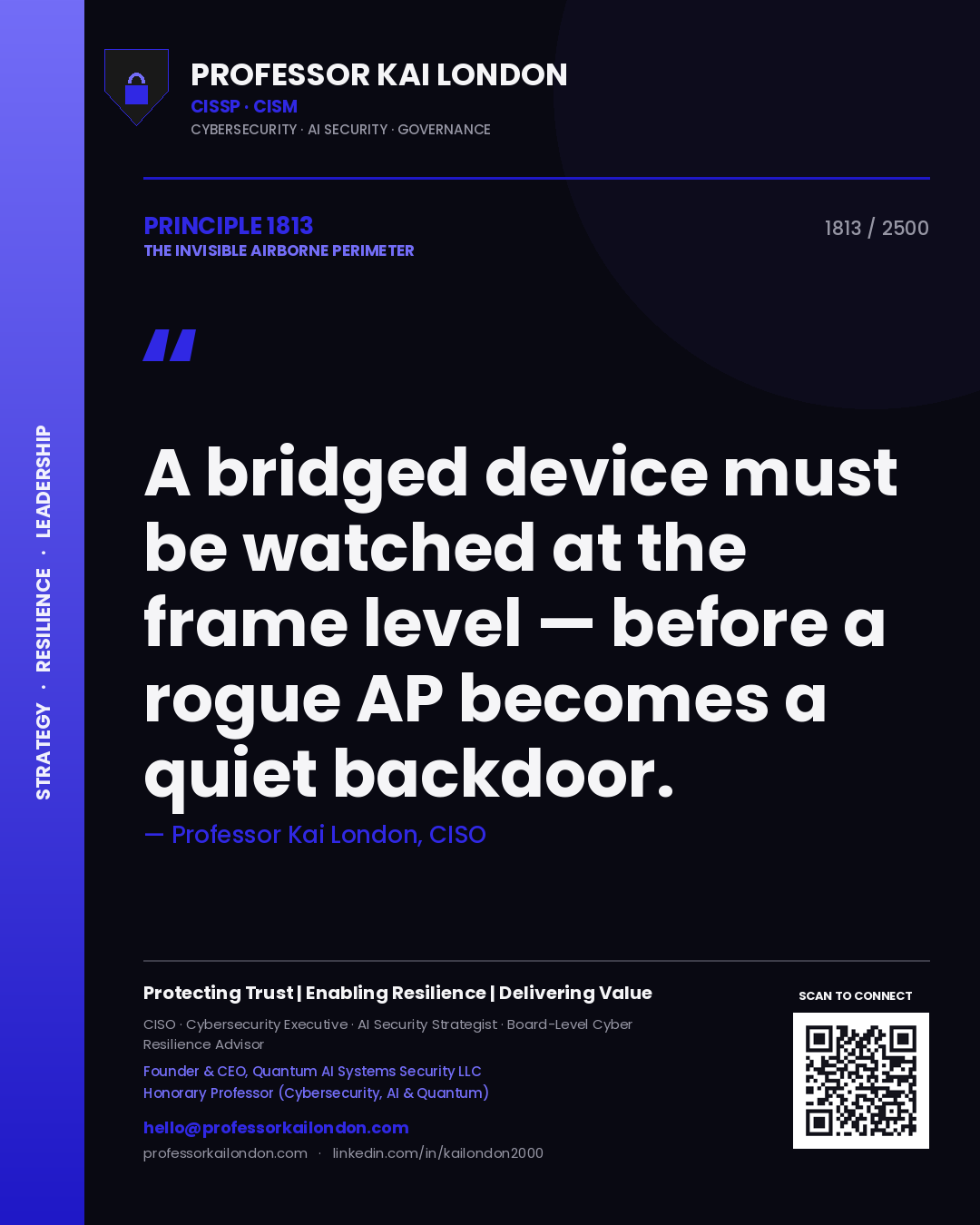Quote card by Professor Kai London reading 'A bridged device must be watched at the frame level — before a rogue AP becomes a quiet backdoor.'. From the book The Invisible Airborne Perimeter.