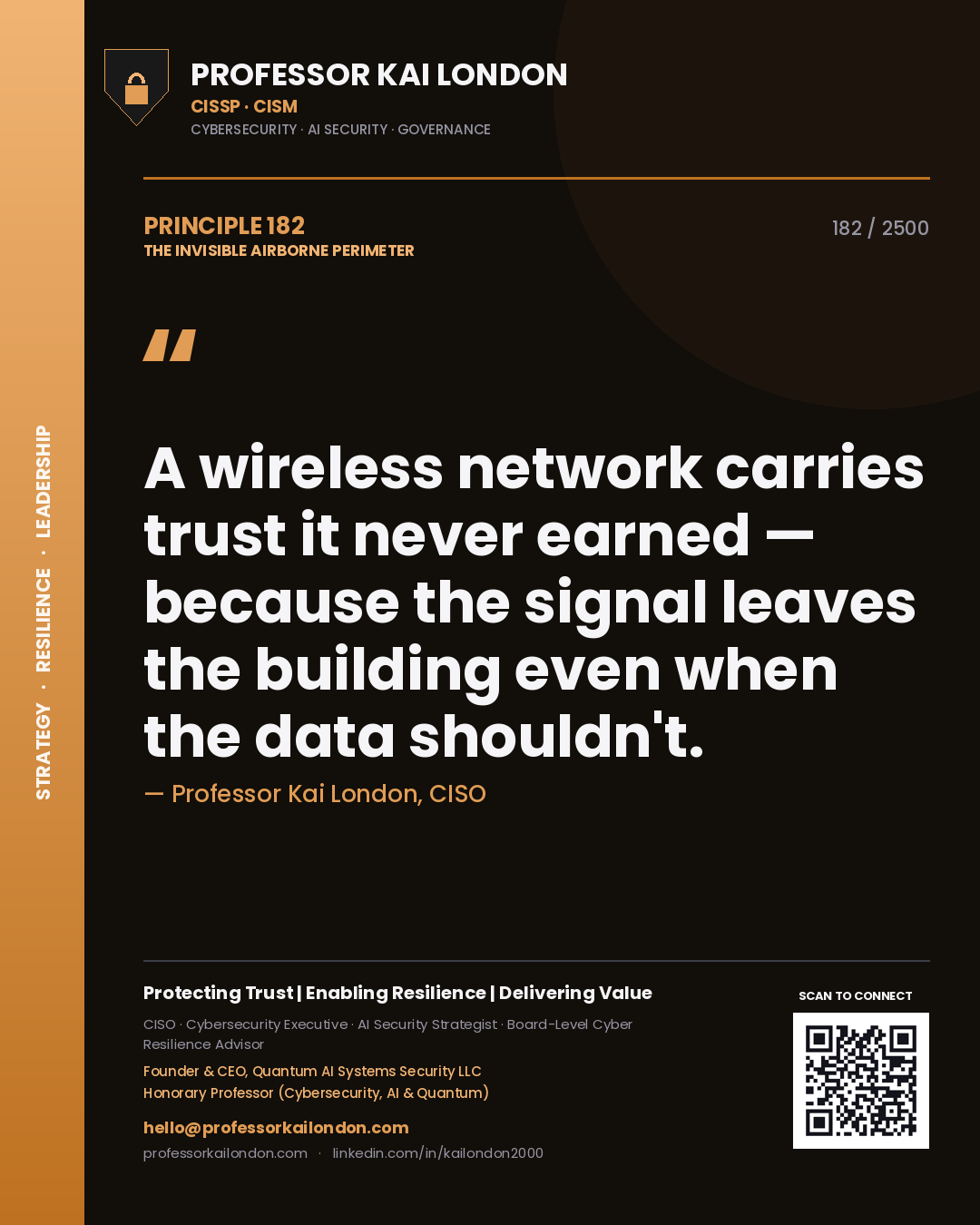 Quote card by Professor Kai London reading 'A wireless network carries trust it never earned — because the signal leaves the building even when the data shouldn't.'. From the book The Invisible Airborne Perimeter.