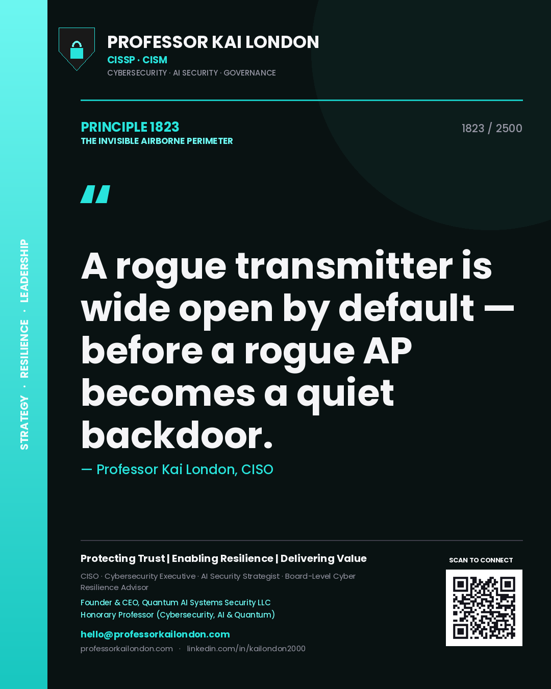 Professor Kai London principle 1823: A rogue transmitter is wide open by default — before a rogue AP becomes a quiet backdoor.