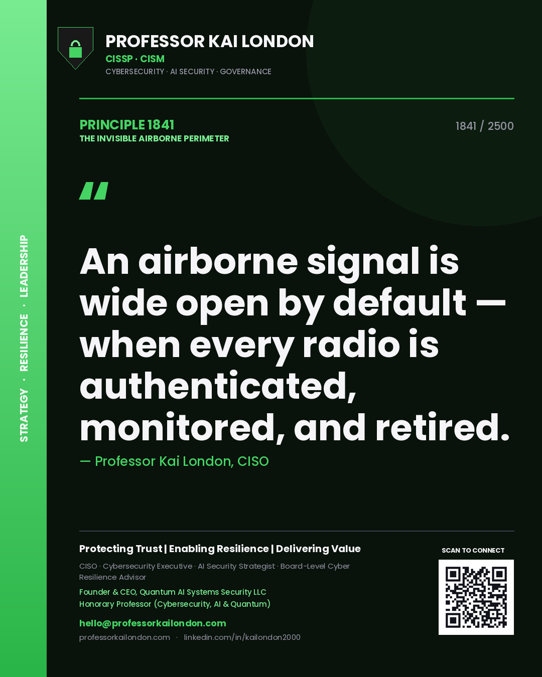 Quote card by Professor Kai London reading 'An airborne signal is wide open by default — when every radio is authenticated, monitored, and retired.'. From the book The Invisible Airborne Perimeter.