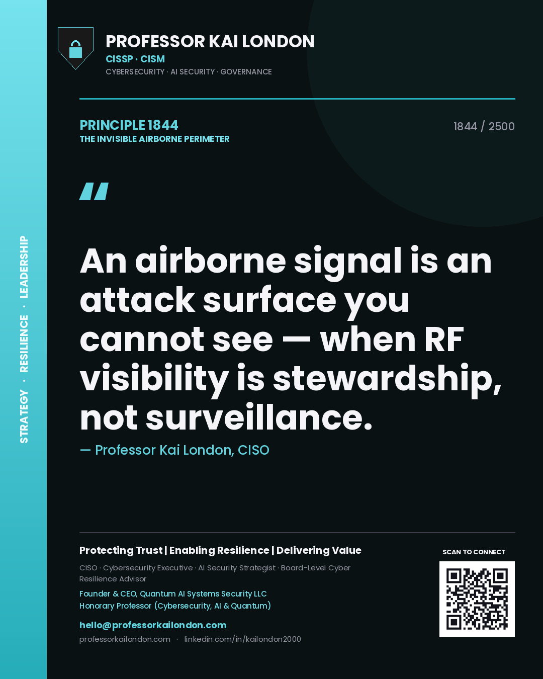 Quote card by Professor Kai London reading 'An airborne signal is an attack surface you cannot see — when RF visibility is stewardship, not surveillance.'. From the book The Invisible Airborne Perimeter.