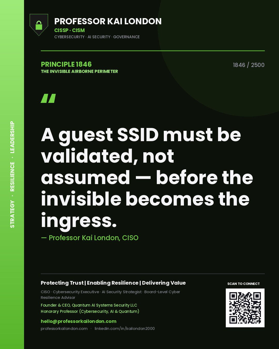 Quote card by Professor Kai London reading 'A guest SSID must be validated, not assumed — before the invisible becomes the ingress.'. From the book The Invisible Airborne Perimeter.