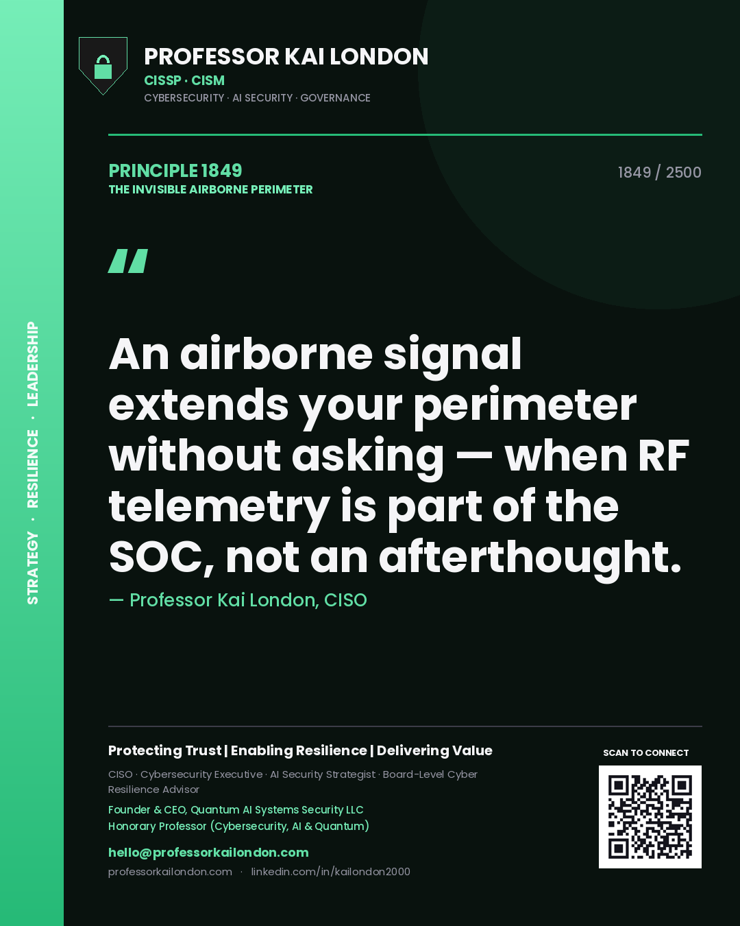 Quote card by Professor Kai London reading 'An airborne signal extends your perimeter without asking — when RF telemetry is part of the SOC, not an afterthought.'. From the book The Invisible Airborne Perimeter.