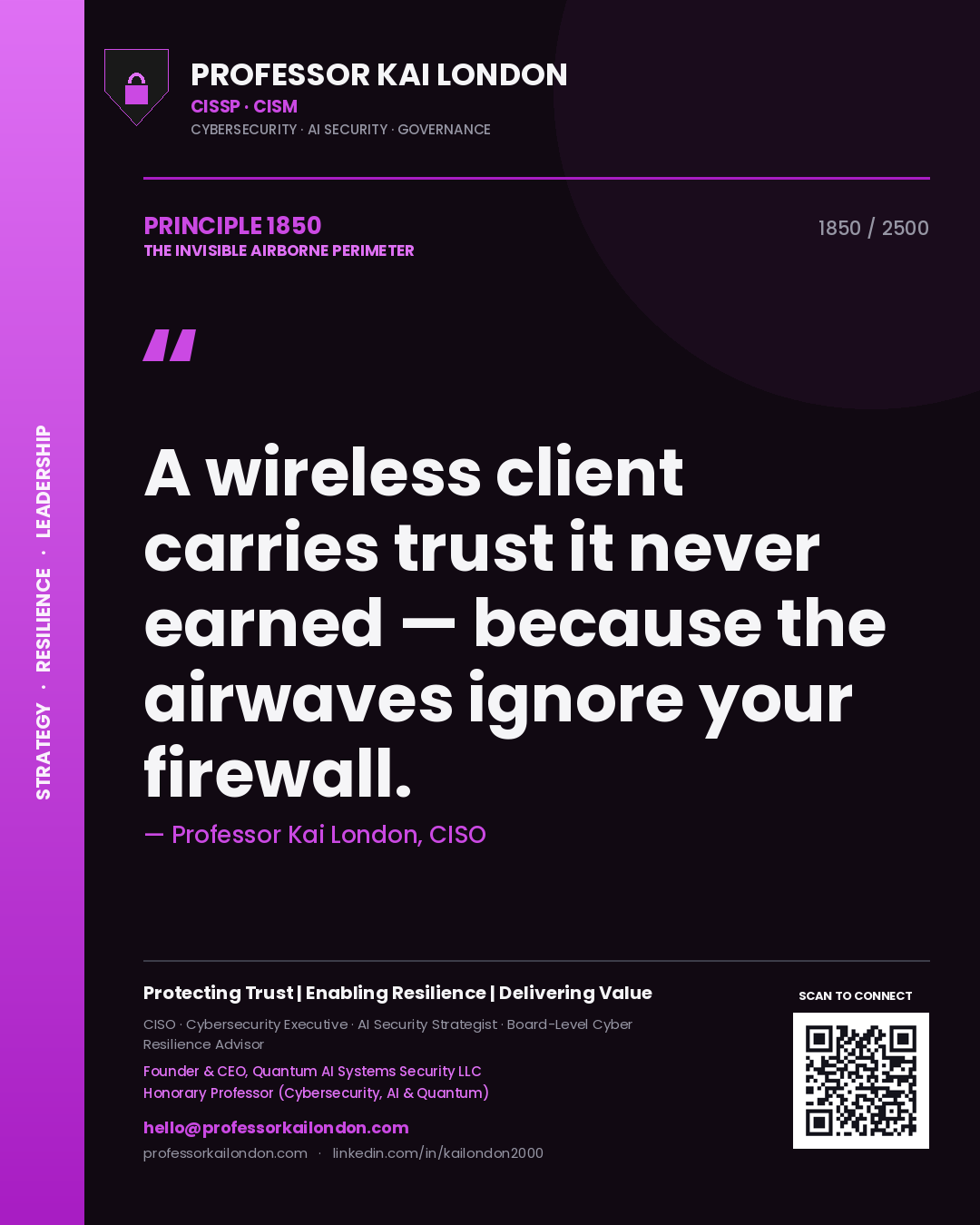Quote card by Professor Kai London reading 'A wireless client carries trust it never earned — because the airwaves ignore your firewall.'. From the book The Invisible Airborne Perimeter.