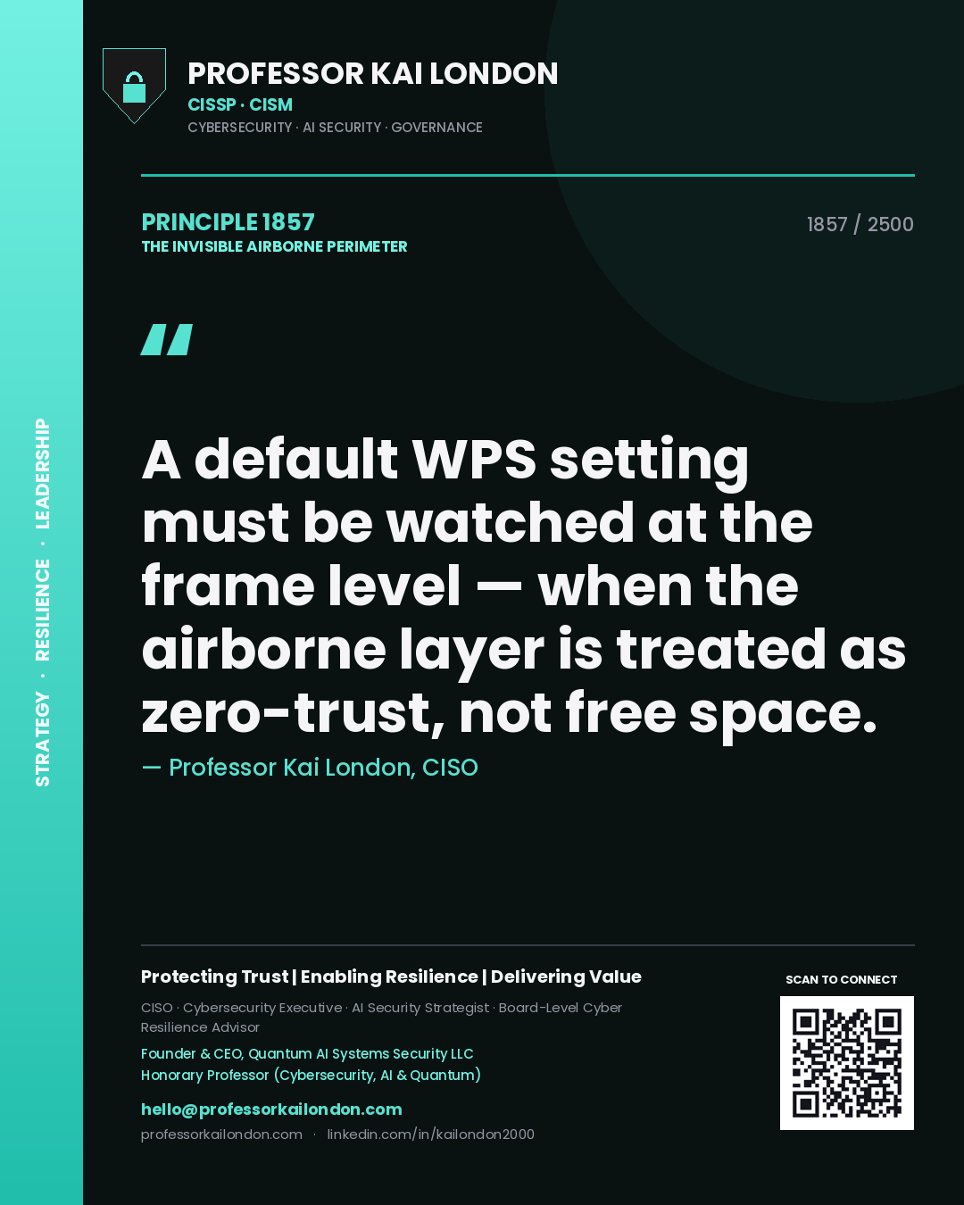 Quote card by Professor Kai London reading 'A default WPS setting must be watched at the frame level — when the airborne layer is treated as zero-trust, not free space.'. From the book The Invisible Airborne Perimeter.