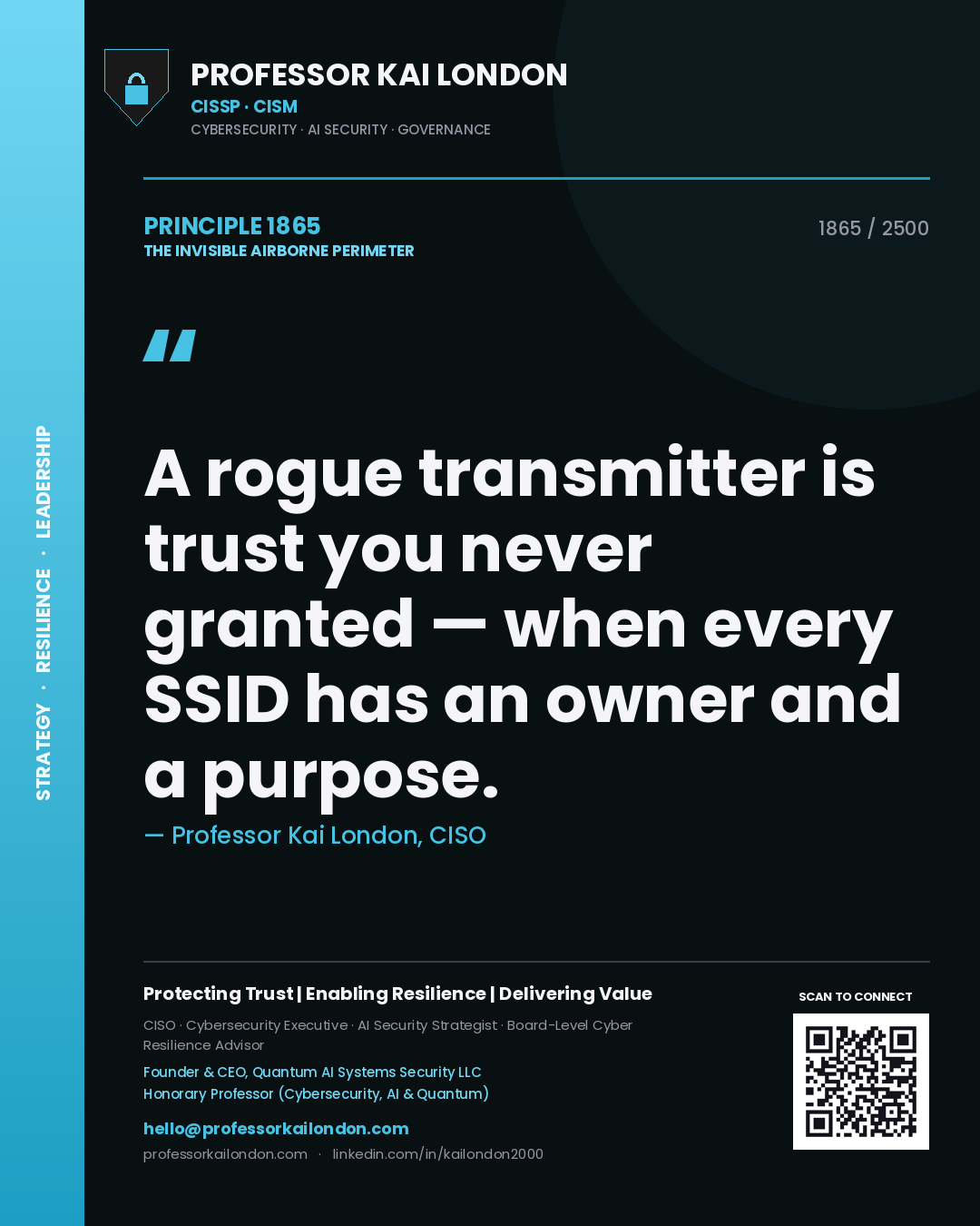 Quote card by Professor Kai London reading 'A rogue transmitter is trust you never granted — when every SSID has an owner and a purpose.'. From the book The Invisible Airborne Perimeter.