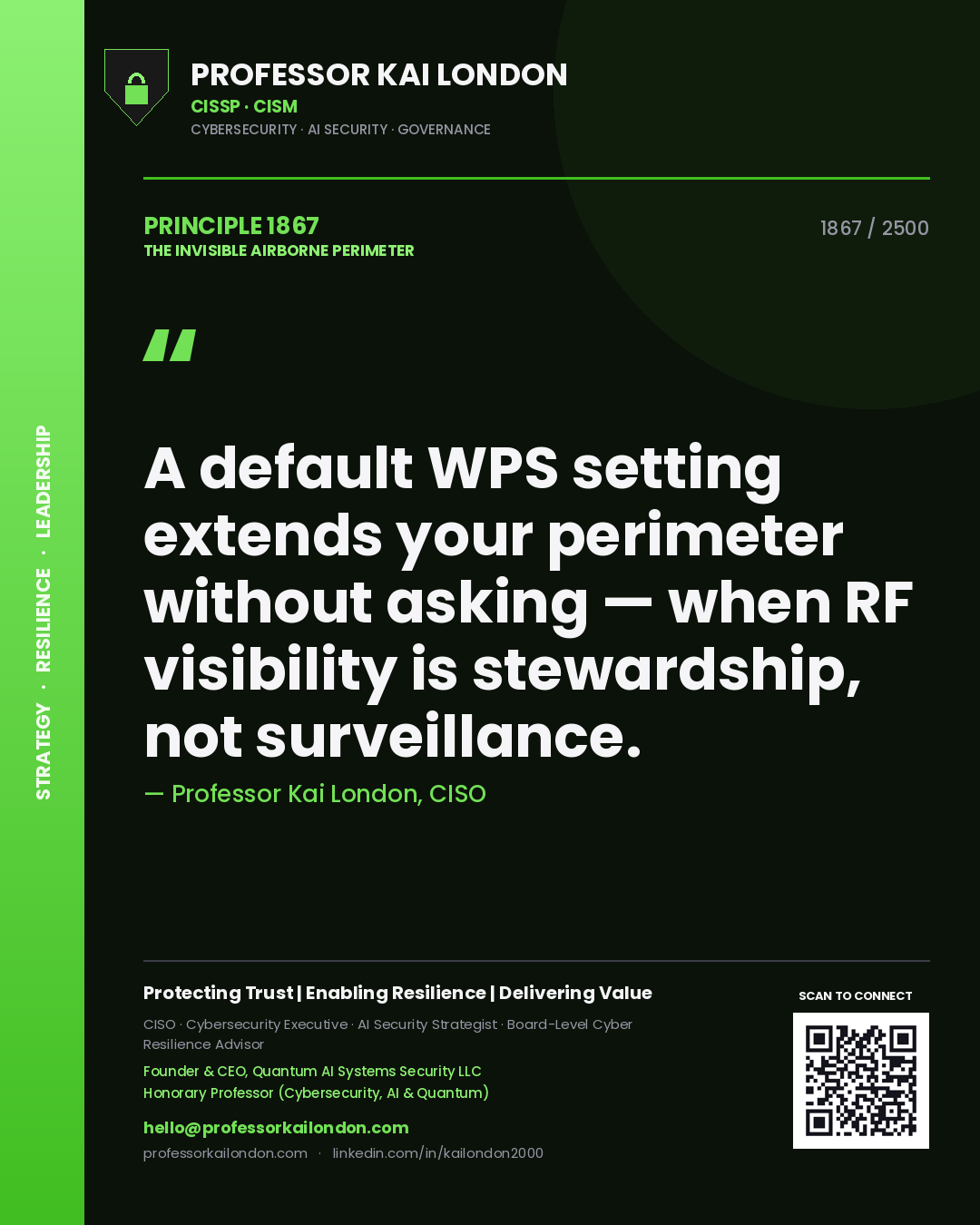 Quote card by Professor Kai London reading 'A default WPS setting extends your perimeter without asking — when RF visibility is stewardship, not surveillance.'. From the book The Invisible Airborne Perimeter.