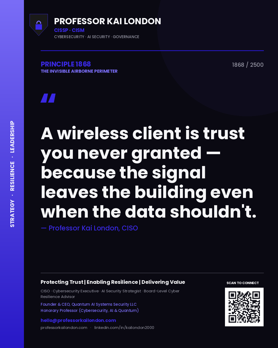 Quote card by Professor Kai London reading 'A wireless client is trust you never granted — because the signal leaves the building even when the data shouldn't.'. From the book The Invisible Airborne Perimeter.