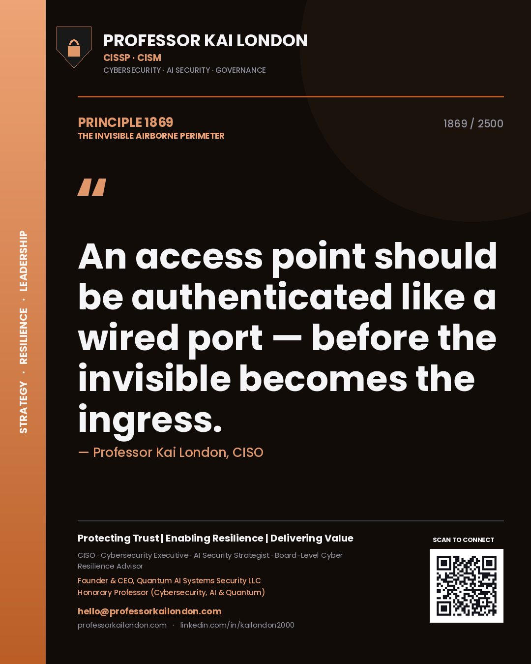 Quote card by Professor Kai London reading 'An access point should be authenticated like a wired port — before the invisible becomes the ingress.'. From the book The Invisible Airborne Perimeter.