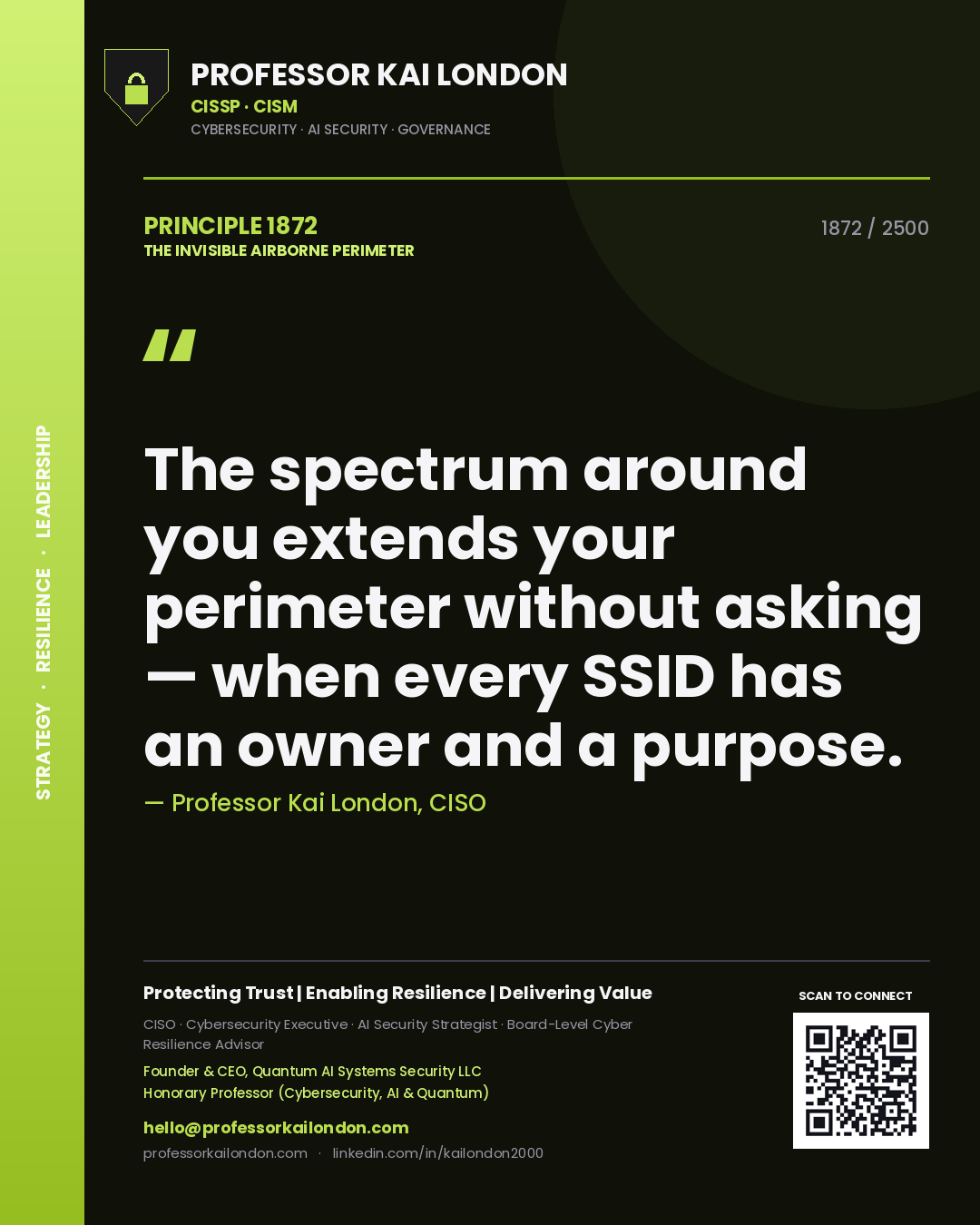 Professor Kai London principle 1872: The spectrum around you extends your perimeter without asking — when every SSID has an owner and a purpose.