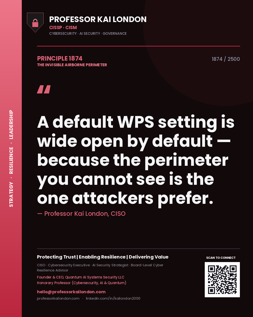 Quote card by Professor Kai London reading 'A default WPS setting is wide open by default — because the perimeter you cannot see is the one attackers prefer.'. From the book The Invisible Airborne Perimeter.