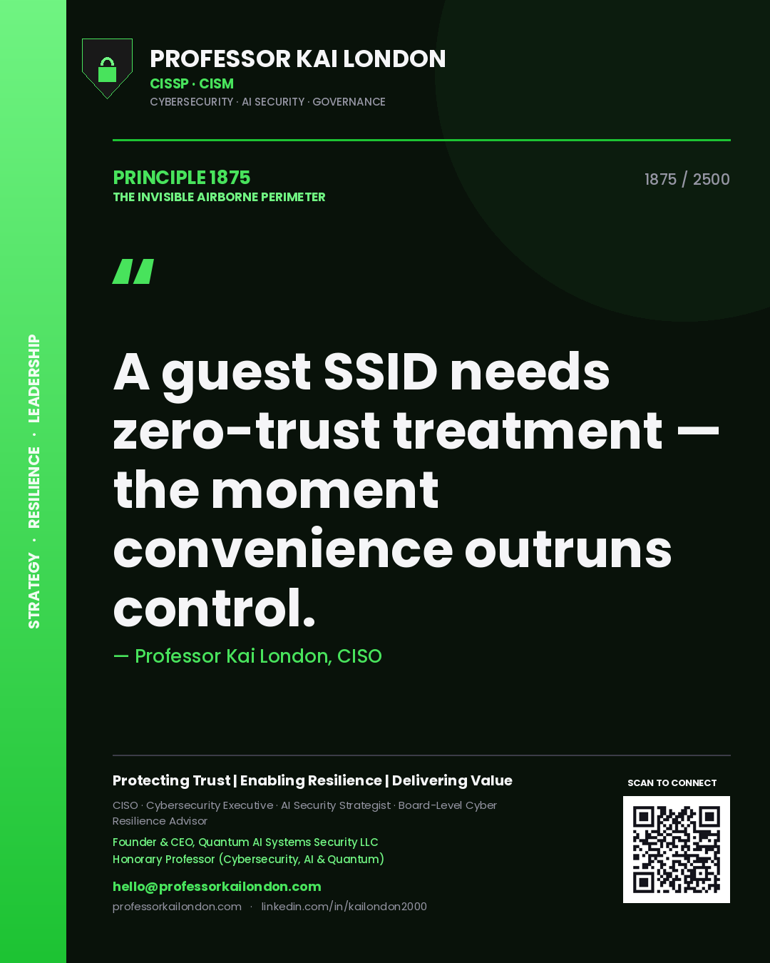 Quote card by Professor Kai London reading 'A guest SSID needs zero-trust treatment — the moment convenience outruns control.'. From the book The Invisible Airborne Perimeter.
