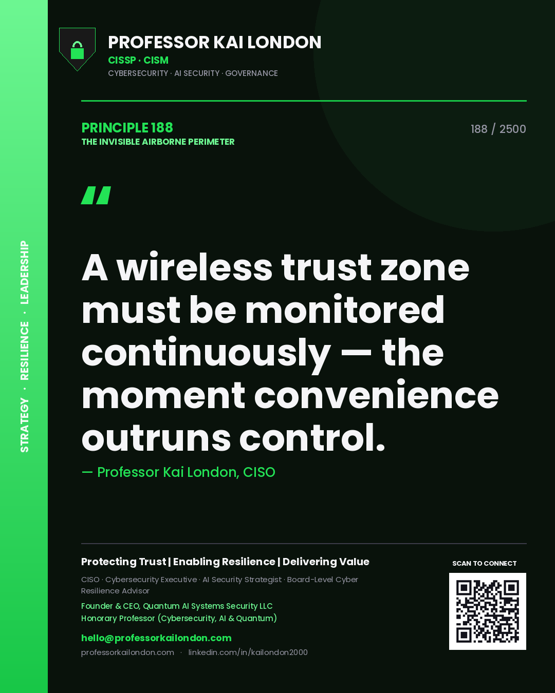 Professor Kai London principle 188: A wireless trust zone must be monitored continuously — the moment convenience outruns control.