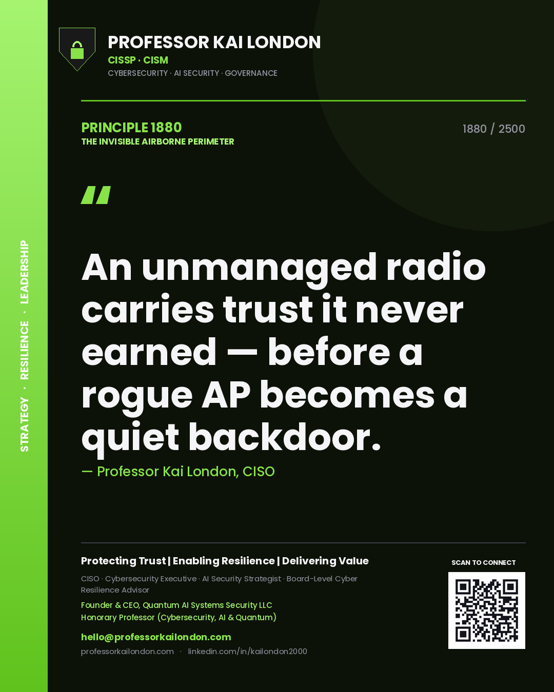 Quote card by Professor Kai London reading 'An unmanaged radio carries trust it never earned — before a rogue AP becomes a quiet backdoor.'. From the book The Invisible Airborne Perimeter.