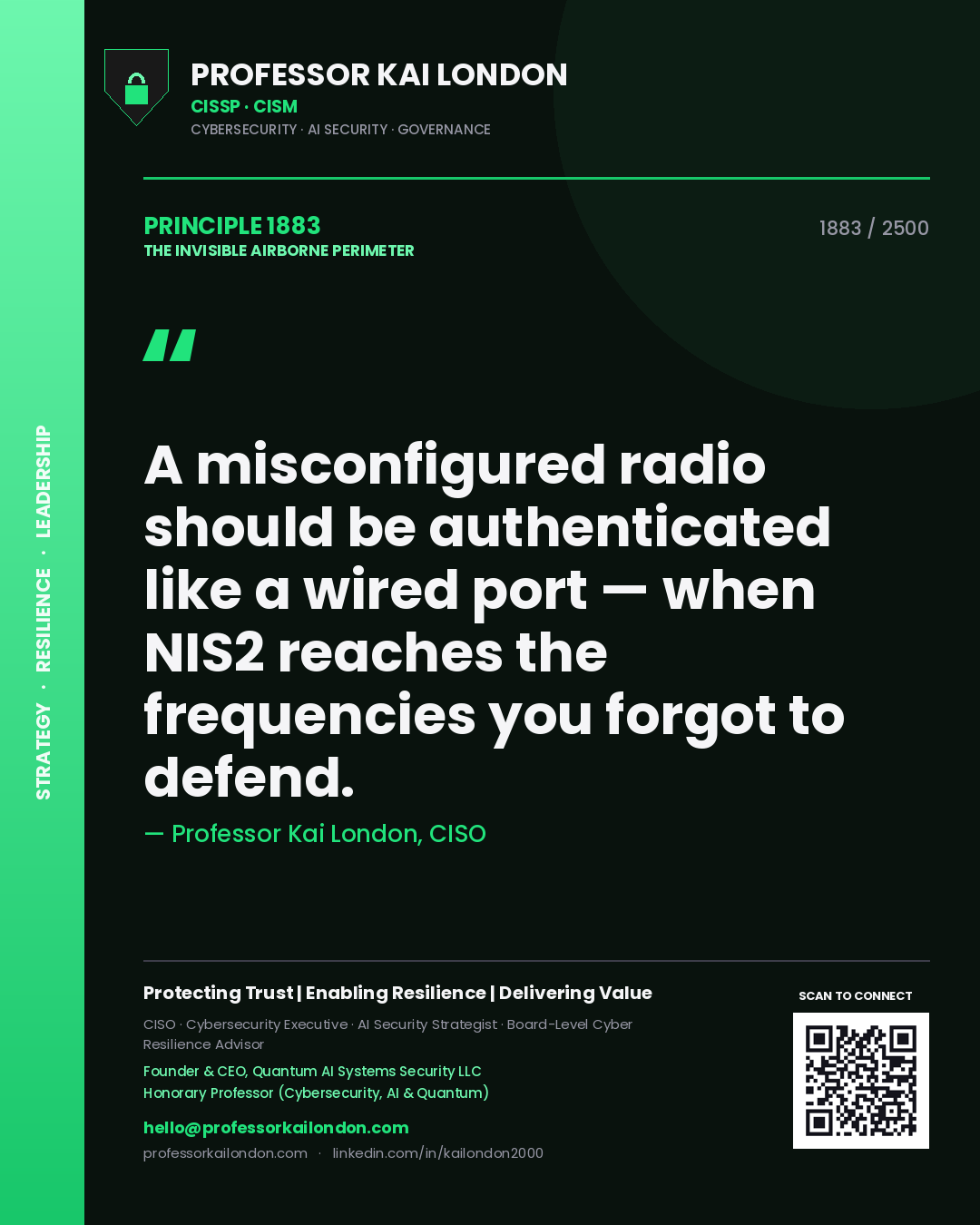Quote card by Professor Kai London reading 'A misconfigured radio should be authenticated like a wired port — when NIS2 reaches the frequencies you forgot to defend.'. From the book The Invisible Airborne Perimeter.