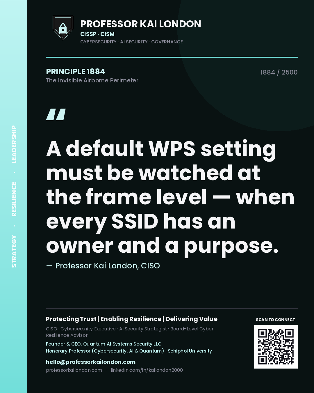 Professor Kai London principle 1884: A default WPS setting must be watched at the frame level — when every SSID has an owner and a purpose.
