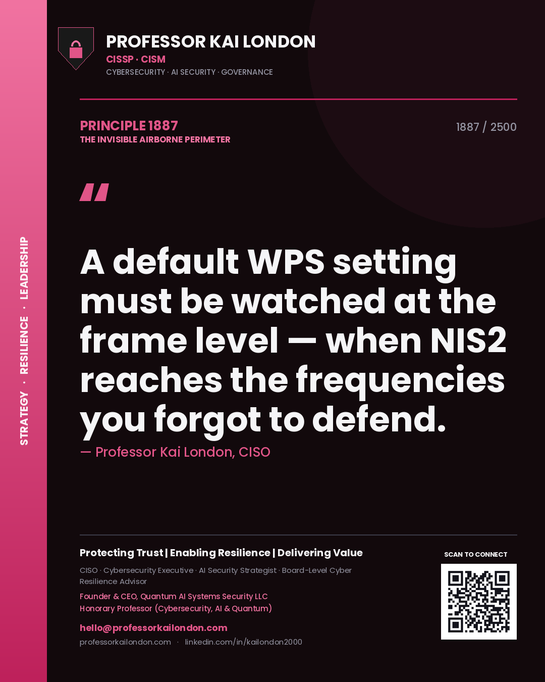 Quote card by Professor Kai London reading 'A default WPS setting must be watched at the frame level — when NIS2 reaches the frequencies you forgot to defend.'. From the book The Invisible Airborne Perimeter.