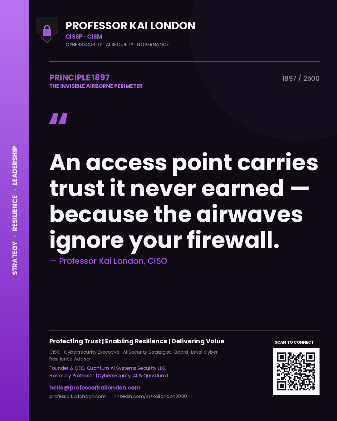 Quote card by Professor Kai London reading 'An access point carries trust it never earned — because the airwaves ignore your firewall.'. From the book The Invisible Airborne Perimeter.