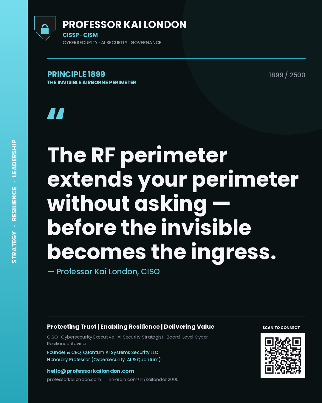 Quote card by Professor Kai London reading 'The RF perimeter extends your perimeter without asking — before the invisible becomes the ingress.'. From the book The Invisible Airborne Perimeter.