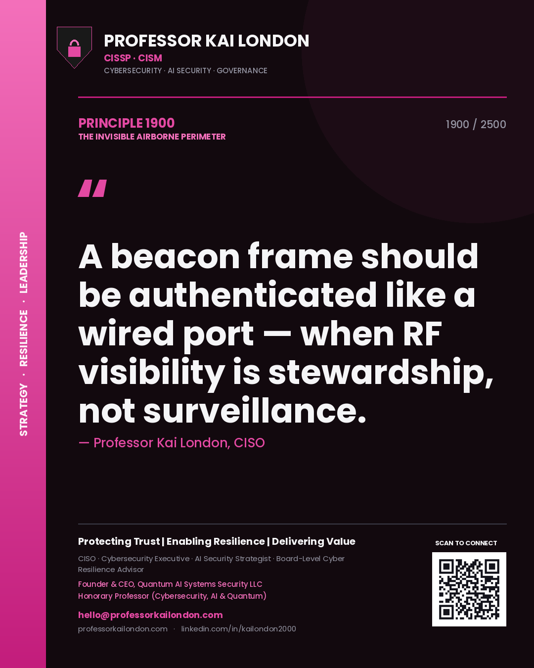 Quote card by Professor Kai London reading 'A beacon frame should be authenticated like a wired port — when RF visibility is stewardship, not surveillance.'. From the book The Invisible Airborne Perimeter.
