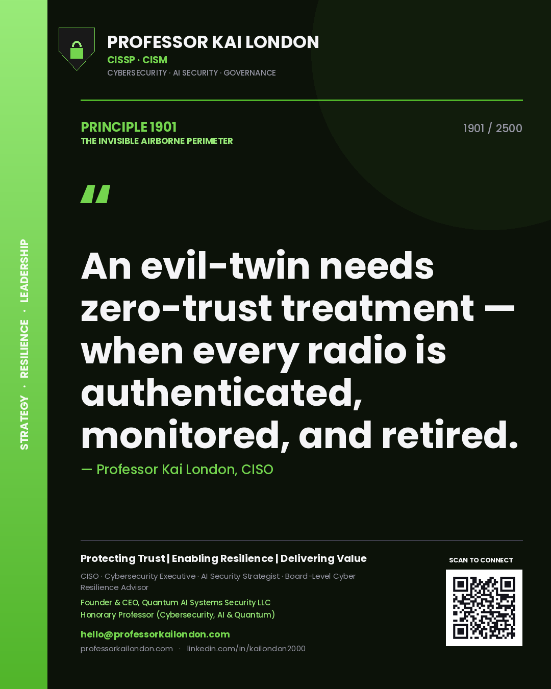 Quote card by Professor Kai London reading 'An evil-twin needs zero-trust treatment — when every radio is authenticated, monitored, and retired.'. From the book The Invisible Airborne Perimeter.